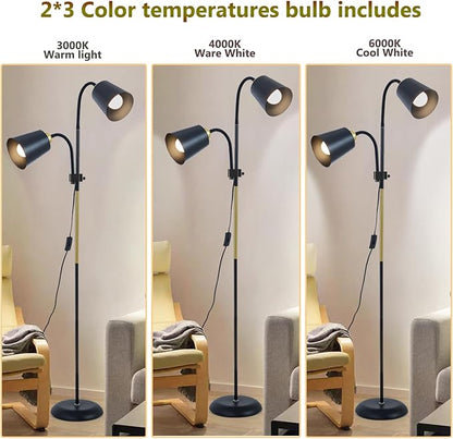 Floor Reading Lamp, Industrial Metal Floor Lamps for Living Room with Adjustable Bendable, 2 in 1 Reading Table Lamps for Living Room Bedroom Office, 12W Bulbs Included (White-2 Heads)