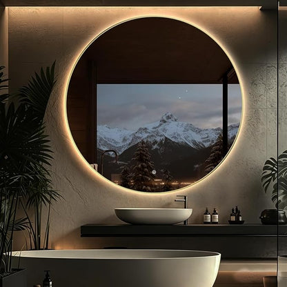 48" Round LED Bathroom Mirror, Wall Mounted Round Backlit Mirror LED Bathroom Vanity Mirror with Light Fog Free Circle Lighted Mirror with Shiny Gold Frame, Smart Light up Mirror 3-Color