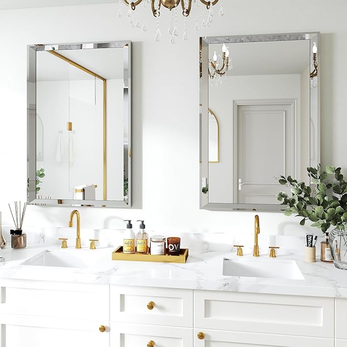 Chende 33"x49" Angled Retangular Decorative Wall Mirror with 2" Stainless Steel Frame, Modern Large Elegant Mirror for Living Room, Dining Room, Entrance, Bedroom Decor, Unique
