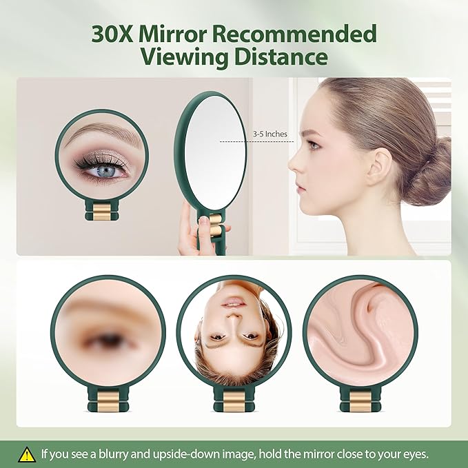 B Beauty Planet 30X Magnifying Mirror, Hand Mirror with Handle, Double Sided Hand Mirror with 30X/1X Magnification, Travel Essential Portable Foldable Makeup Mirror for Precision MakeupGreen