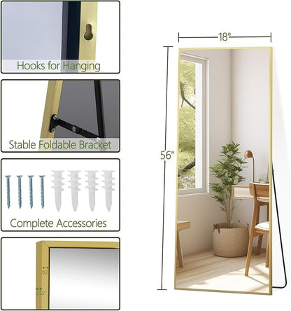 MELOMOIR 56"x18" Gold Full Length Mirror, Free Standing or Wall Mounted, Full Body Mirror for Bedroom, Living Room, Gym, Dorm