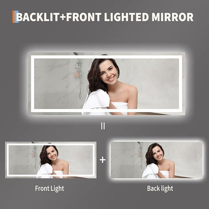 60x24 LED Bathroom Mirror with Lights, Frameless Wall Mounted Vanity Mirror with Front & Backlight, Dimmable Color Temperature, 5mm Copper-Glass, for Bathroom