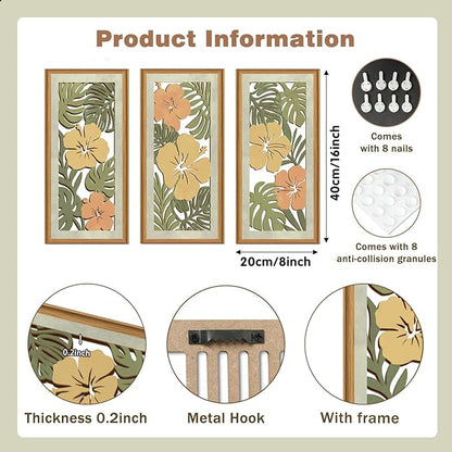 Celestdeco 3 Pcs Boho Flower Market Wall Decor Floral Botanical Modern Wood Wall Art Bohemian Floral Hanging Decor Abstract Minimalist Wooden Art for Living Room Bedroom Office 7.9 x15.8 Inch