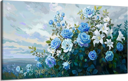 NiceTop 48x24 Inch Large Floral Canvas Wall Art, Waterproof Moisture Resistant Blue Rose White Lily Modern Botanical Artwork with Hanging Kit, Abstract Aesthetic Wrapped Canvas Print for Living Room, Bedroom, Bathroom, Boho Farmhouse Home Decor
