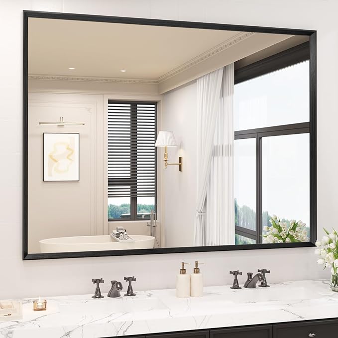 JISOSO Bathroom Vanity Mirror 48x36 Inch, Matte Black Rectangle Bathroom Mirror, Anti-Rust, 4MM Tempered Glass, Wall-Mounted Mirror, Hangs Horizontally or Vertically for Bathroom & Bedroom