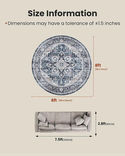 AMADA HOMEFURNISHING Round 8ft Area Rugs, Low-Profile Washable Rug with Non-Slip Backing & Durable Edge Binding, Vintage Rugs for Living Room, Bedroom, Dinning Room