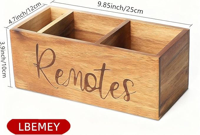 LBEMEY Remote Control Holder Caddy, Acacia Wood TV Remote Holder, Remote Organizer for Table, Vintage Farmhouse Desk Caddy (Brown-for 5+ Remote Controls)