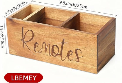 LBEMEY Remote Control Holder Caddy, Acacia Wood TV Remote Holder, Remote Organizer for Table, Vintage Farmhouse Desk Caddy (Brown-for 5+ Remote Controls)