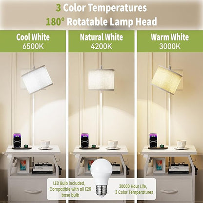 runjuly Floor Lamp with Table, End Tables with Lamps Attached 3-Color Temperature Bulb, Side Table with Lamp with 2 Drawers & Charging, Lamps Tables Combo for Bedroom, Dorm, Apartment - White
