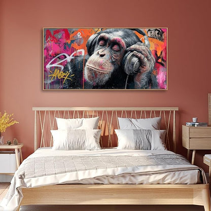 Sorbrozo DJ Gorilla Canvas Wall Art with Wood Frame - Vibrant Street Graffiti Animal Painting Music Themed Ready to Hang Decor for Living Room Bedroom & Man Cave 24x48in