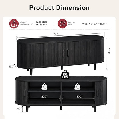 58" Mid Century Modern TV Stand, Wood TV Consoles with Sliding Doors and Power Outlet, Fluted Entertainment Center with Adjustable Shelves, Media Console for Living Room, Black
