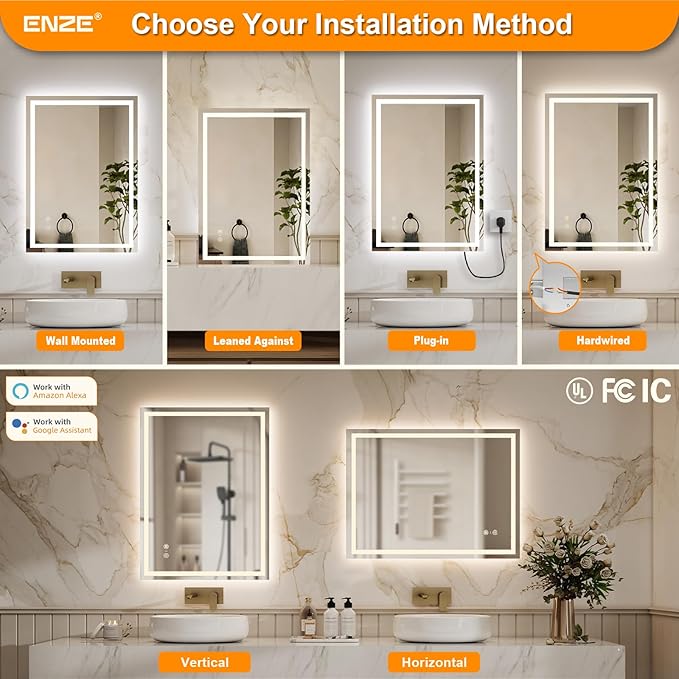 ENZE 20" x 28" Smart LED Bathroom Mirror with Lights, WiFi & Alexa Voice Control, Anti-Fog Wall-Mounted Vanity Mirror, Dimmable 3-Color, Plug-in/Hardwired, Horizontal/Vertical