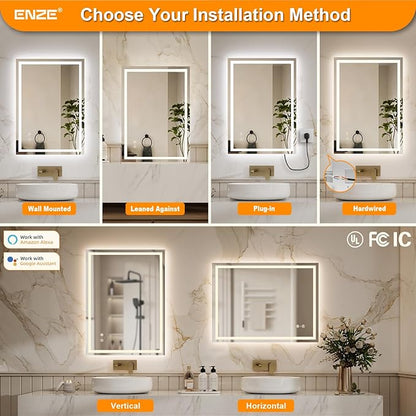 ENZE 20" x 28" Smart LED Bathroom Mirror with Lights, WiFi & Alexa Voice Control, Anti-Fog Wall-Mounted Vanity Mirror, Dimmable 3-Color, Plug-in/Hardwired, Horizontal/Vertical