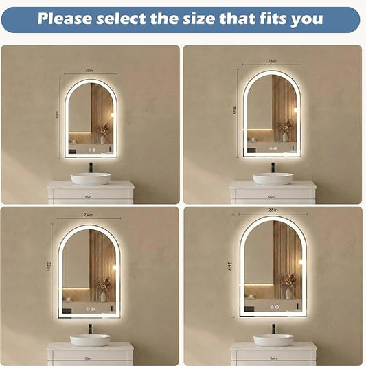 Sweetcrispy 24"×36" LED Bathroom Mirror with Lights, Arched Vanity Mirror with Anti-Fog, Dimmable, 3-Color Light, Memory Function, Tempered Glass
