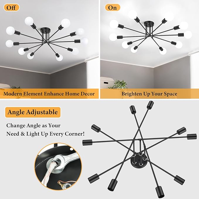 Modern Sputnik Chandelier 10-Light Industrial Ceiling Lights Fixture 31.5" Black Semi Flush Mount Ceiling Light with E26 Base Sputnik Lights Fixture for Dining Room Bedroom Foyer Hallway Living Room