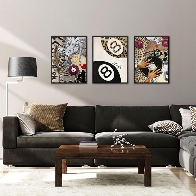 Fashion Cheetah Wall Art Set of 3 Leopard Wall Decor Pictures Lucky 8 Ball Poster Canvas Painting Prints Dark Red Cheetah Artwork for Bedroom Living Room 12x16 inch Black PS Framed