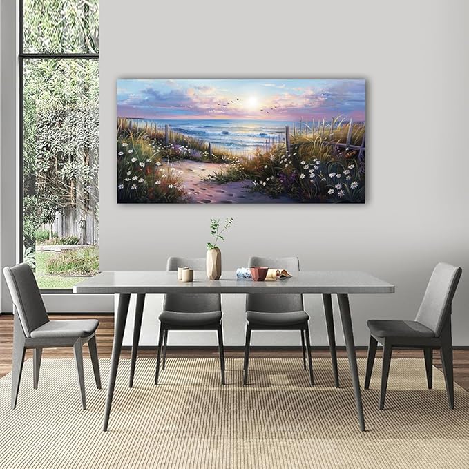 hyidecorart Large Wall Art For Living Room Canvas Wall Decor For Bedroom Blue Ocean Artwork Pictures Flower Beach Scenery Wall Painting Framed for Office Hotel Decor Modern Posters Home Decorations