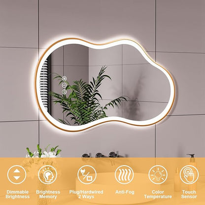 WTTY LED Irregular Bathroom Mirror 24x36 Inch with Front & Back Lights - Asymmetrical Design, Anti-Fog, Dimmable 3 Color Temperatures, Shatterproof Glass, Horizontal or Vertical Mount (Gold Frame)