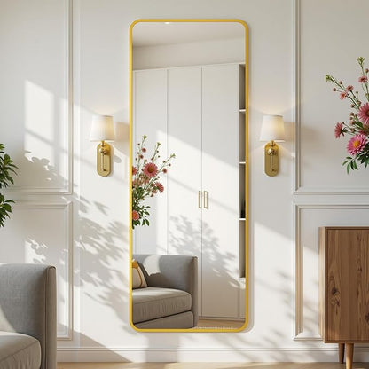 Suidia Full Length Mirror Over the Door&Wall Mounted, 48"x14" Door Mirror with Aluminum Alloy Frame, HD Shatterproof, No-Drill, Hanging Mirrors for Bedroom, Bathroom, Dorm, Closet, Rounded Rect, Gold