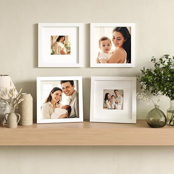 Egofine 10x10 Picture Frames White,Made of Solid Wood with HD Plexiglass for Pictures 6x6 with Mat or 10x10 without Mat, Tabletop and Wall Mounting Display, Set of 4