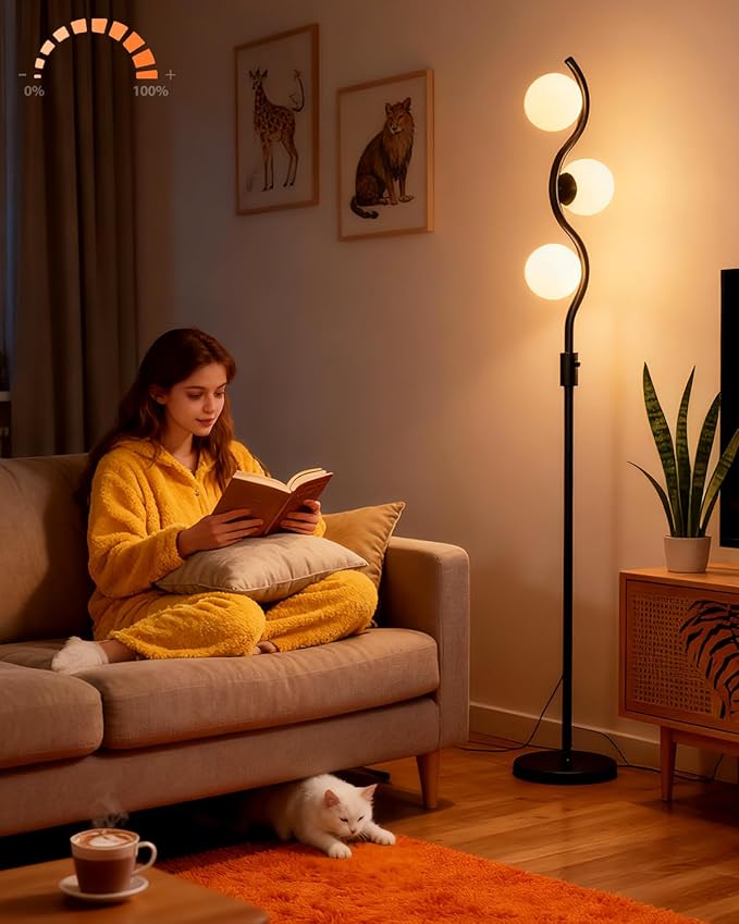 Lightdot 60IN Dimmable Black Floor Lamp Mid Century Standing Lamps with 3Pcs Warm White Bulbs Included Brightness Adjustable Modern Tall Lamp with 5Lbs Heavy Base for Bedroom/Sofa Beside/Corner Decor