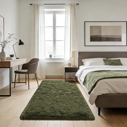 Andecor Shag Area Rug for Living Room, 3x5 Feet Olive Green Soft Fluffy Indoor Plush Throw Rugs for Bedroom Girls Kids Room Nursery Dorm Home Decor Carpet