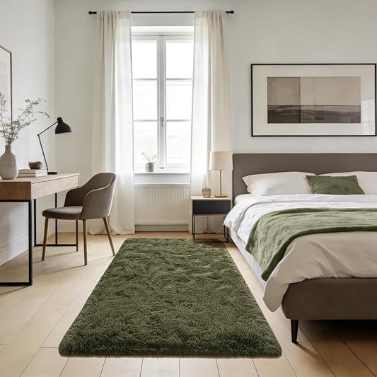 Andecor Shag Area Rug for Living Room, 3x5 Feet Olive Green Soft Fluffy Indoor Plush Throw Rugs for Bedroom Girls Kids Room Nursery Dorm Home Decor Carpet