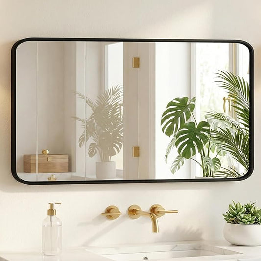 Sweetcrispy Bathroom Wall Mirror, 48x30 Inch Wall Mount Mirror for Over Sink, Modern Rounded Rectangle Vanity Mirror with Matte Metal Framed, for Home Decor, Living Room, Bedroom, Black