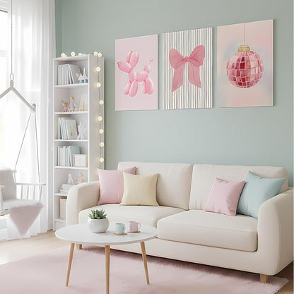Yxjyzzkx Pink Cute Wall Art Set of 3 – Aesthetic Canvas Prints for Girls Room, Nursery & Kids Bedroom, Pink Bow Balloon Dog Chandelier Artwork, Modern Kawaii Wall Decor
