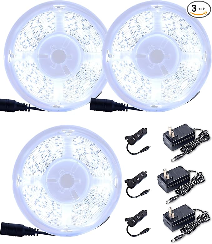 3 Set 20 FT 6500K White Led Strip Lights for Bedroom Dimmable 60 FT LEDs Rope Light Flexible Super Bright White Tape Lights for Ceiling Room Home Decor Luces LEDs
