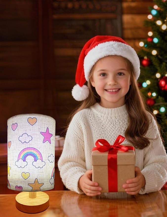 Rainbow Lamp, Rainbow Lamp for Girls Room, 3 Color Changing LED Night Light with 9 Brightness Levels Wood Nightstand Desk Base Flaxen Fabric Shade for Bedroom Living Room (Rainbows Clouds)