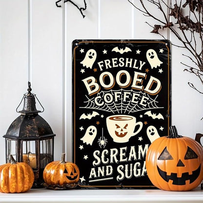Freshly Booed Coffee Halloween Metal Tin Sign Vintage Halloween Decor Wall Hanging for Kitchen Living Room Farmhouse Halloween Party 8x12 Inch