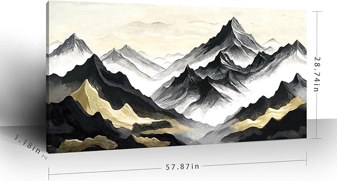 Oversized Black White And Gold Modern Abstract Landscape Wall Art For The Living Room; Canvas Print Of Natural Mountain; A Casual And Elegant Artwork Suitable For Bedrooms, Dining Rooms, Offices, And Galleries. 58X29 Inch
