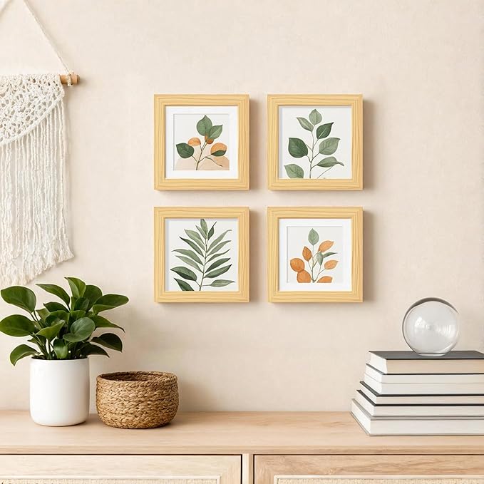 Egofine 5x5 Picture Frames Set of 4, Made of Solid Wood Covered by Plexiglass Display 4x4 with Mat or 5x5 without Mat, for Table Top Display and Wall Mounting Photo Frame, Natural Wood