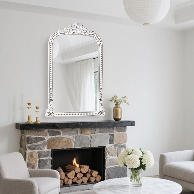 HOITUZYUS Ornate Baroque Statement Mirror: 42x34 Inch Wooden Arched Wall Mirror, French Vintage Decorative Mirrors for Entryway, Fireplace Mantel, Living Room, Bathroom
