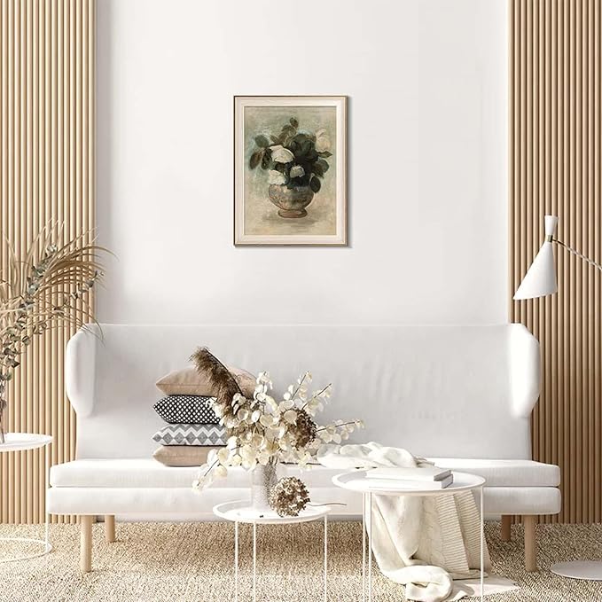 Uniro Vintage Floral Wall Art Framed, Neutral Flower Still Life Oil Painting, White Roses Canvas Prints Artwork with Antique Frame, Farmhouse Wall Decor for Bedroom, Kitchen, Shelf, Bathroom Wall Decor, Cottagecore Room Decor - 12x16Inch