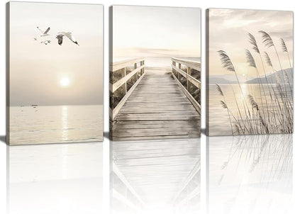 WENGTIAO 3Pcs Seascape Wall Art Beige Reeds Sunset Canvas Paintings Ocean Beach Scenic Prints Pictures Rustic Bridge Boardwalk Wall Decor Seagulls Artwork Posters for Living Room Bedroom 16”x24”x3