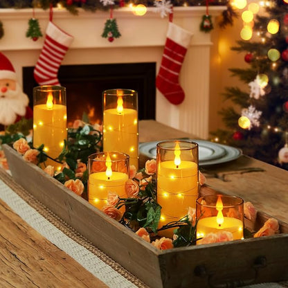 Homemory Acrylic Flameless Candles with Embedded Star String Fairy Lights, Battery Operated Candle, LED Candles, Fake Candles with Remote Control and Timer for Halloween, Amber, Set of 5(H4"5"6"8"8")