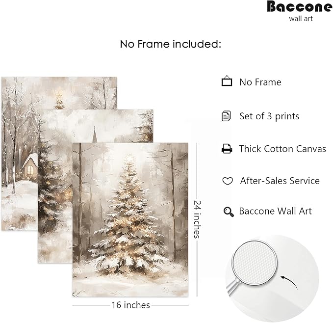 Christmas Wall Art Decor Winter Santa Pictures Vintage Christmas Canvas Poster Snowy Pine Trees Wall Art Xmas Forest Prints Santa Claus Painting Artwork for Bedroom Living Room 16x24x3 Inch Unframed