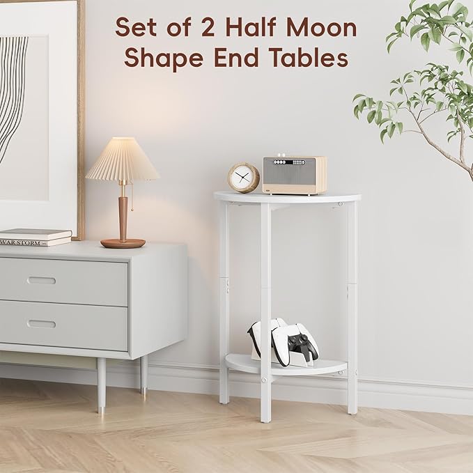 Vagusicc Side Table, Small Round End Table, Set of 2 Half Round Side Table Half Moon Tables, Circle Table Small Round Coffee Table for Living Room, Thin Accent Sofa Table Narrow Entryway Tables, White