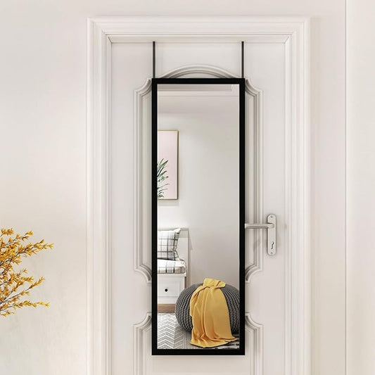 whitebeach Full Body Length Door Hanging Wall Mounted Mirror with 2 Metal Hangers for Bedroom Living Room Bathroom(Black, 48 * 16")