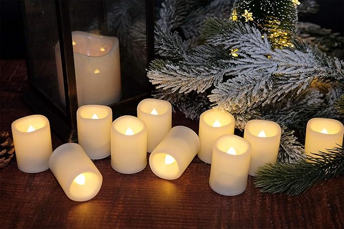Flameless Flickering LED Votive Candles Remote and Timer, Battery Operated Tealights Battery Included, Amber Yellow Light 1.5 x 2 inch Set of 12 for Christmas Decoration