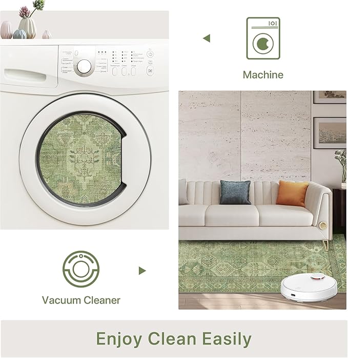 Bavni Washable Rug 8x10 Area Rug for Living Room Bedroom Dining, Washable Vintage Print Carpet, Ultra-Thin Chenille Low Pile Lightweight Rug with Non Slip Backing, Light Green