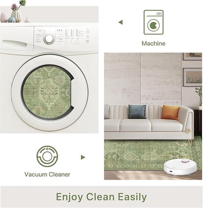 Bavni Washable Rug 6x9 Area Rug for Living Room Bedroom Dining, Washable Vintage Print Carpet, Ultra-Thin Chenille Low Pile Lightweight Rug with Non Slip Backing, Light Green