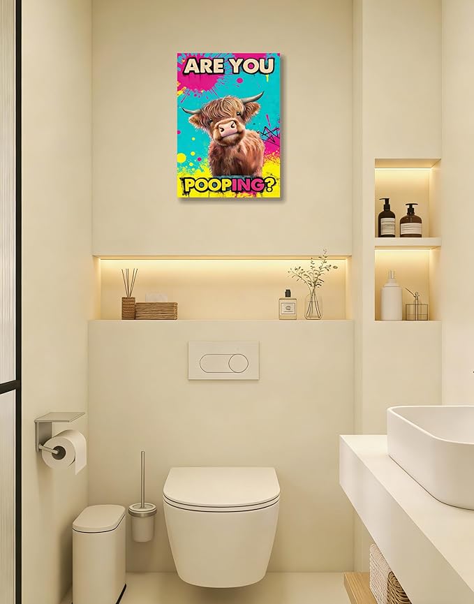 Funny Highland Cow Bathroom Canvas Wall Art Prints, Are You Pooping Sign, Colorful Pop Art Toilet Poster for Washroom, Graffiti Humorous Restroom Wall Decor, 12x16 Inch Framed Painting Ready to Hang