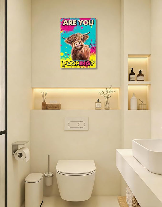 Funny Highland Cow Bathroom Canvas Wall Art Prints, Are You Pooping Sign, Colorful Pop Art Toilet Poster for Washroom, Graffiti Humorous Restroom Wall Decor, 12x16 Inch Framed Painting Ready to Hang