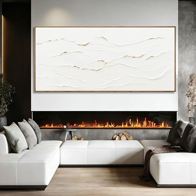 WINKAILIN Minimalist White and Gold Textured Canvas Wall Art Modern Abstract Line Artwork for Living Room Bedroom Office Neutral Home Decor 40x88 Inch