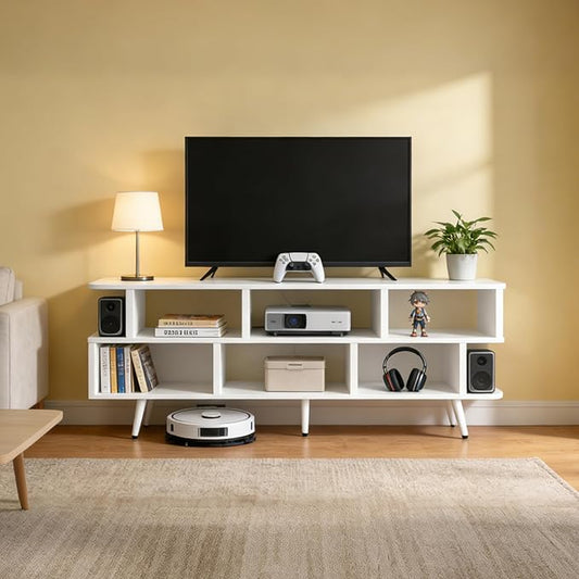 Lightdot 65 Inch TV Stand for 75 Inch TVs, Modern Entertainment Center with Power Outlets, Open Storage Shelf Media Console, Accent Sofa Table for Living Room Bedroom Apartment Dorm Home Office, White