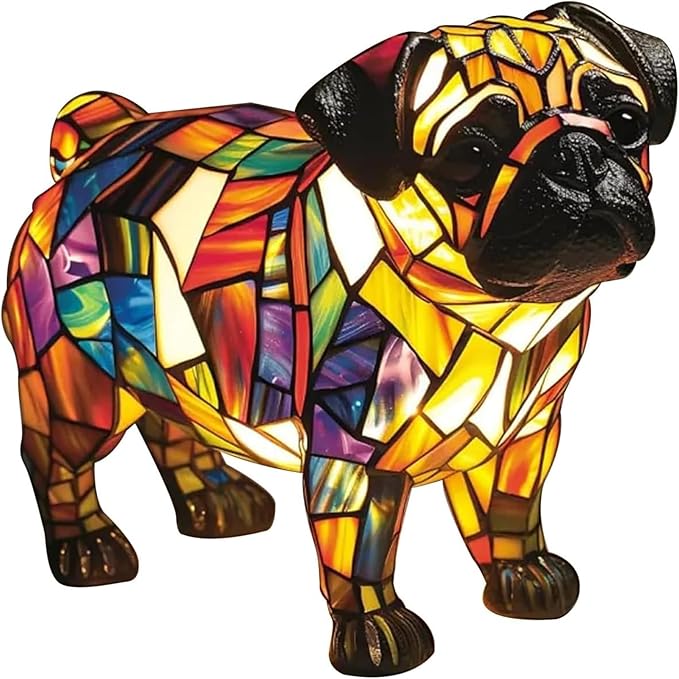 Dog Series Art Night Light, Corgi Lamp and Pug Lamp, Stained Resin French Bulldog Tabletop, 3D Dog LED Table Lamp, Stained Resin Night Light, Pet Themed Tabletop Decor (Pug)
