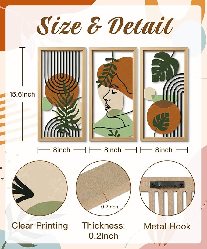 Putuo Decor Set of 3 Boho Wall Decor with Woman Face, Abstract Wall Art Botanical Cut-Out MDF Panels, Mid-Century Modern Aesthetic Artwork for Bedroom Living Room Office